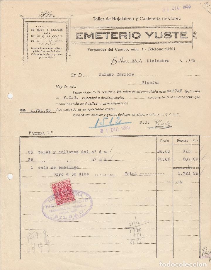 Factures anciennes: FACTURA. EMETERIO YUSTE. TALLER DE HOJLATERIA Y CALDERERIA DE COBRE. BILBAO 1956.