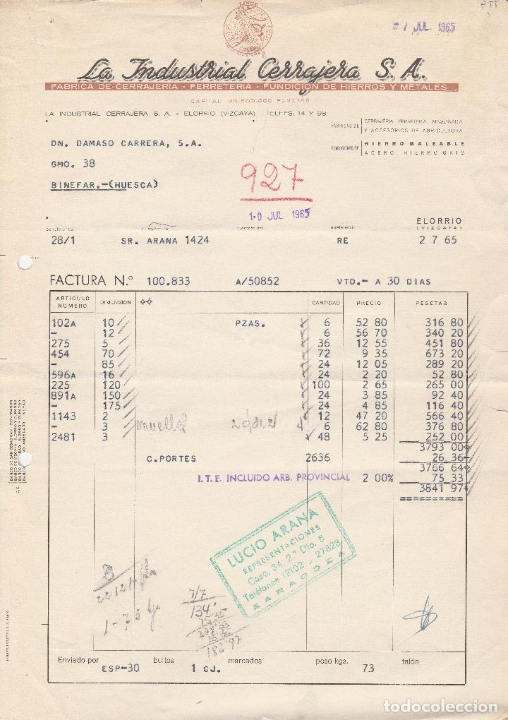 Factures anciennes: FACTURA. LA INDUSTRIA CERRAJERA, S.A. FABRICA DE CERRAJER&Iacute;A. ELORRIO-VIZCAYA. 1965.
