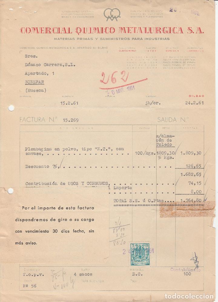 Factures anciennes: FACTURA. COMERCIAL QUIMICO METALURGICA S.A. MATERIAS PRIMAS Y SUMINISTROS INDUSTRIAS. BILBAO. 1965.