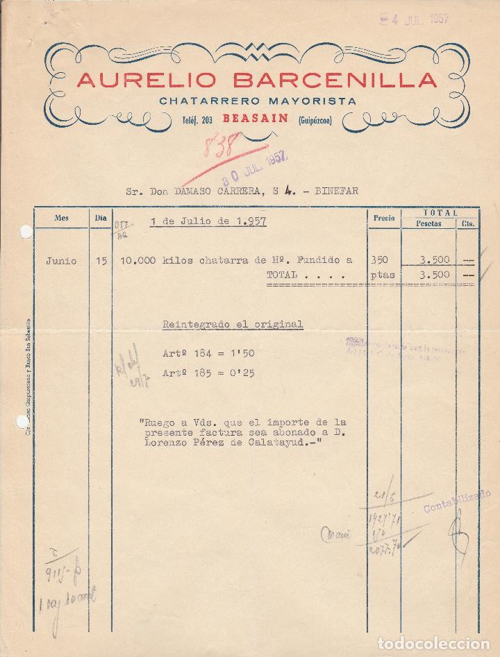 Factures anciennes: FACTURA. AURELIO BARCENILLA. CHATARRERO MAYORISTA. BEASAIN-GUIPUZCOA. 1957.