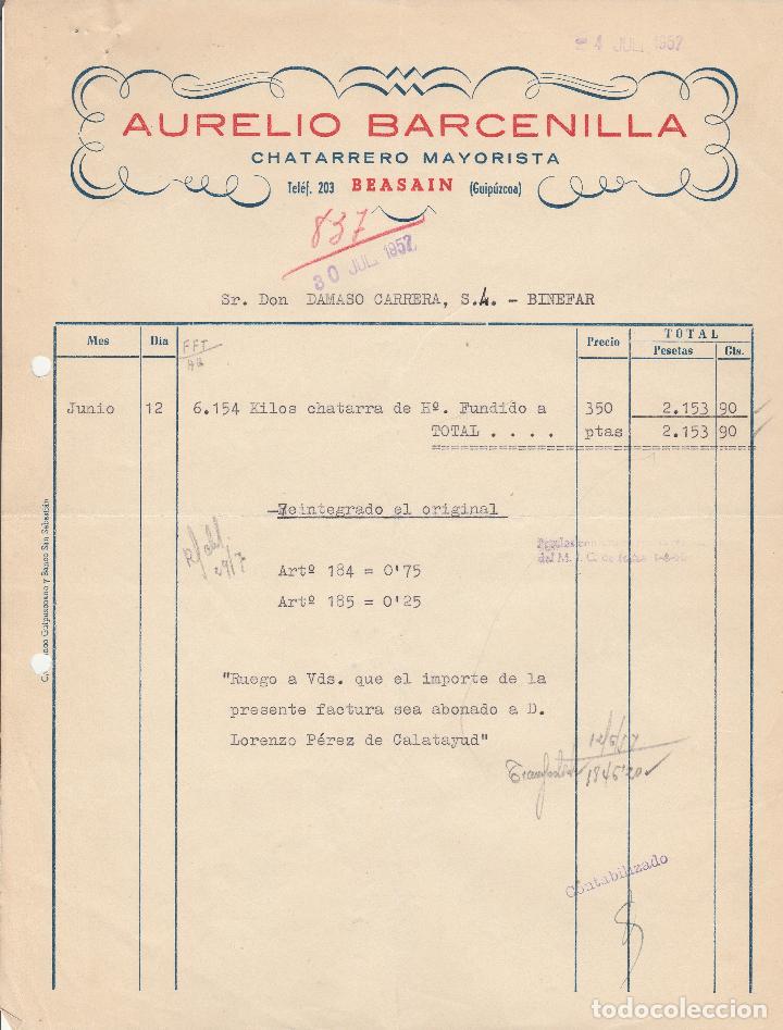 Factures anciennes: FACTURA. AURELIO BARCENILLA. CHATARRERO MAYORISTA. BEASAIN-GUIPUZCOA. 1957.