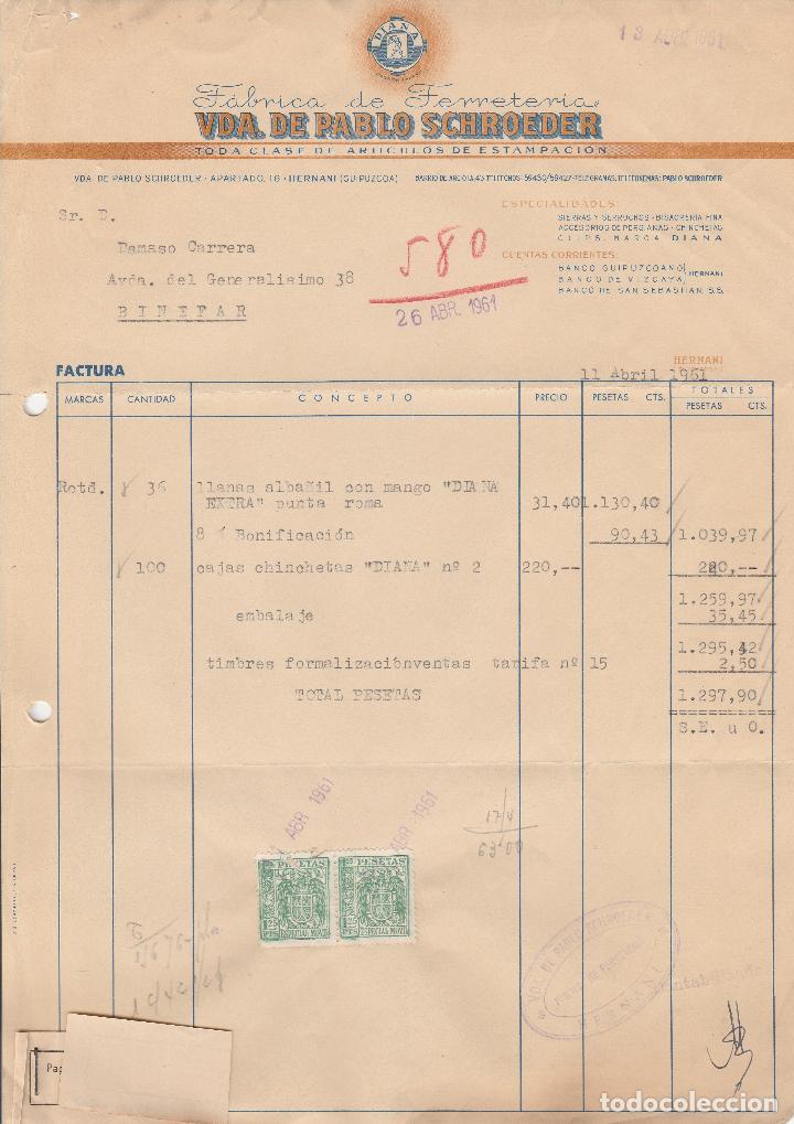 Factures anciennes: FACTURA. VDA. DE PABLO SCHROEDER. F&Aacute;BRICA DE FERRETERIA. HERNANI. GUIPUZCOA. 1961.