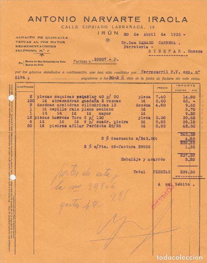Factures anciennes: FACTURA. ANTONIO NARVARTE IRAOLA. ALMAC&Eacute;N DE QUINCALLA.  IR&Uacute;N . 1935