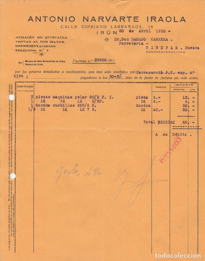 Factures anciennes: FACTURA. ANTONIO NARVARTE IRAOLA. ALMAC&Eacute;N DE QUINCALLA.  IR&Uacute;N . 1935