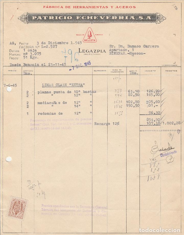 Factures anciennes: FACTURA. PATRICIO ECHEVARRIA, S.A. FABRICA DE HERRAMIENTAS Y ACEROS. LEGAZPIA-GUIPUZCOA. 1945.