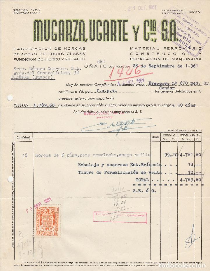 Factures anciennes: FACTURA. MUGARZA, UGARTE Y CIA,S.A. FABRICACI&Oacute;N DE HORCAS.MATERIAL FERROVIARIO. O&Ntilde;ATE-GUIPUZCOA.1961