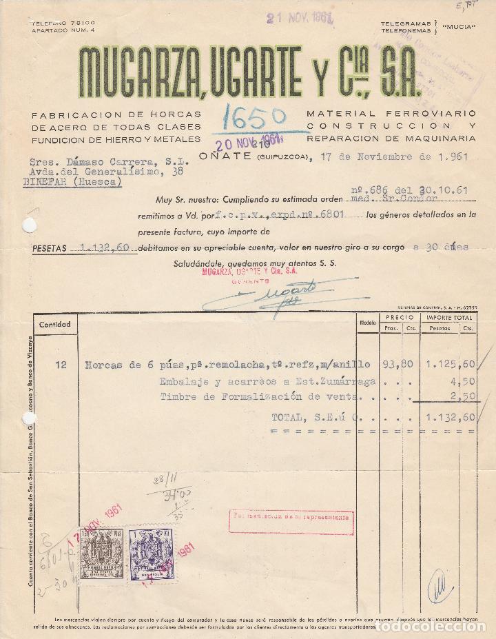 Factures anciennes: FACTURA. MUGARZA, UGARTE Y CIA,S.A. FABRICACI&Oacute;N DE HORCAS.MATERIAL FERROVIARIO. O&Ntilde;ATE-GUIPUZCOA.1961