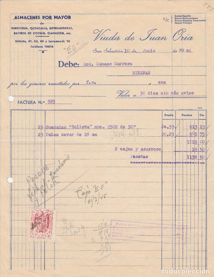 Factures anciennes: FACTURA. VIUDA DE JUAN ORIA. FERRETER&Iacute;A. QUINCALLA. BATER&Iacute;A DE COCINA. SAN SEBASTIAN. 1946.