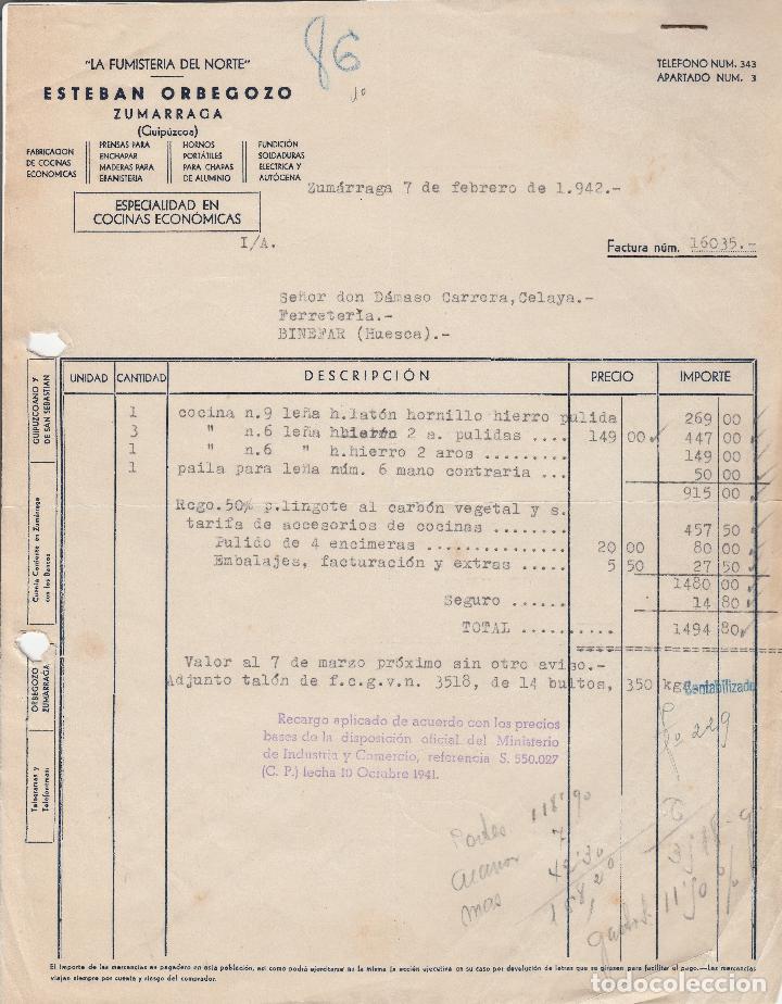 Factures anciennes: FACTURA. ESTEBAN ORBEGOZO, S.A. LA FUMISTERIA DEL NORTE. ZUM&Aacute;RRAGA-GUIPUZCOA. 1942.