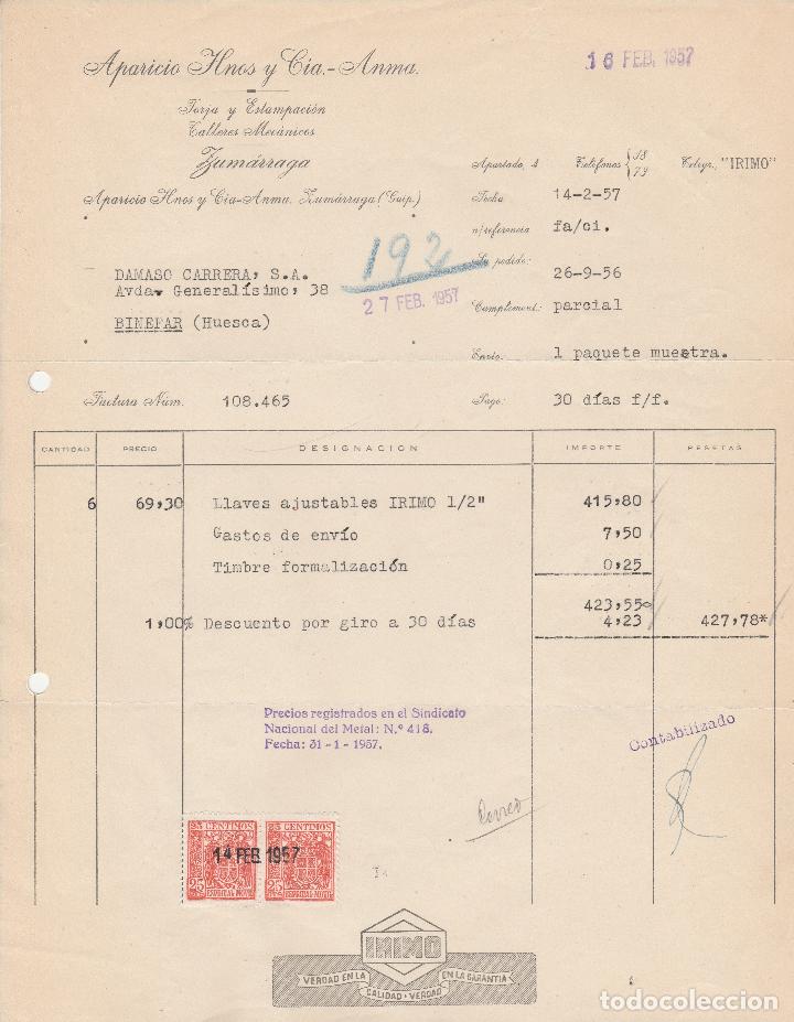 Alte Rechnungen: FACTURA. APARICIO HNOS. Y CIA.-ANMA. FORJA Y ESTAMPACI&Oacute;N. ZUM&Aacute;RRAGA-GUIPUZCOA. 1957.
