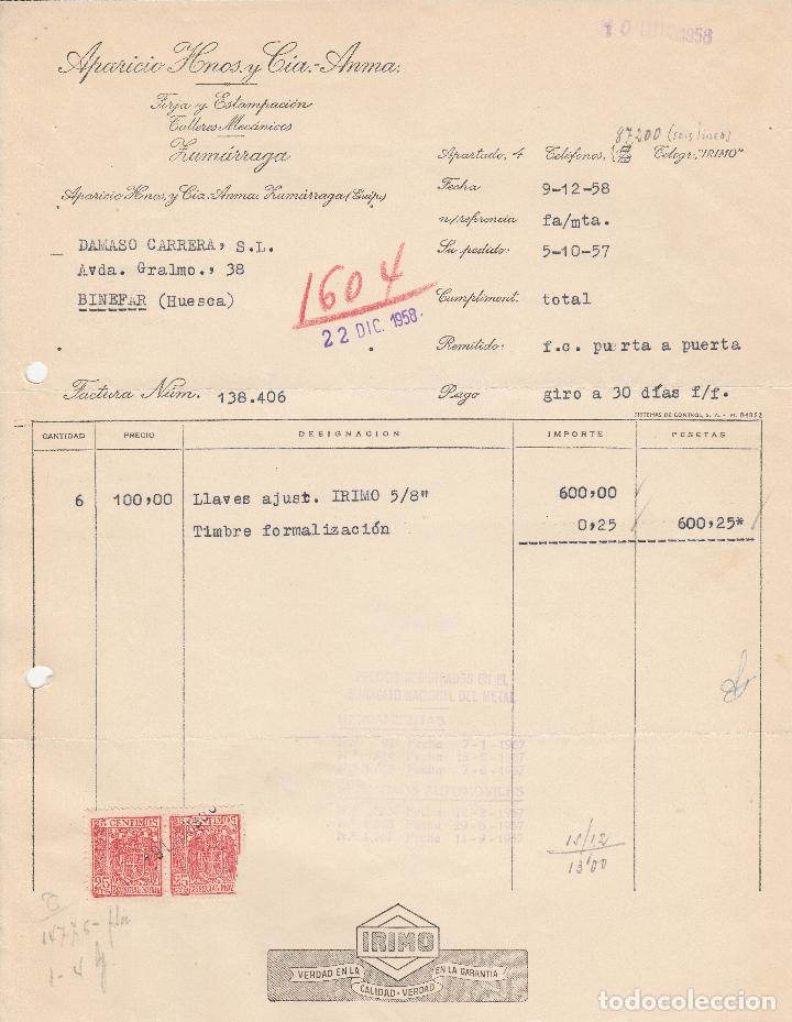 Alte Rechnungen: FACTURA. APARICIO HNOS. Y CIA.-ANMA. FORJA Y ESTAMPACI&Oacute;N. ZUM&Aacute;RRAGA-GUIPUZCOA. 1958.