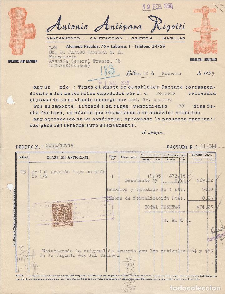Alte Rechnungen: FACTURA. ANTONIO ANT&Egrave;PARA RIGOTTI. SANEAMIENTO - CALEFACCI&Oacute;N - GRIFER&Iacute;A - MASILLAS. BILBAO. 1955.