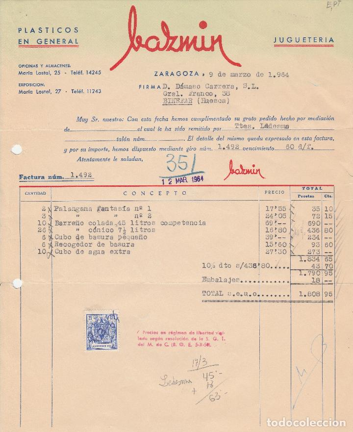 Alte Rechnungen: FACTURA. BAZMIN. PL&Aacute;STICO EN GENERAL. JUGUETERIA. ZARAGOZA. 1964.
