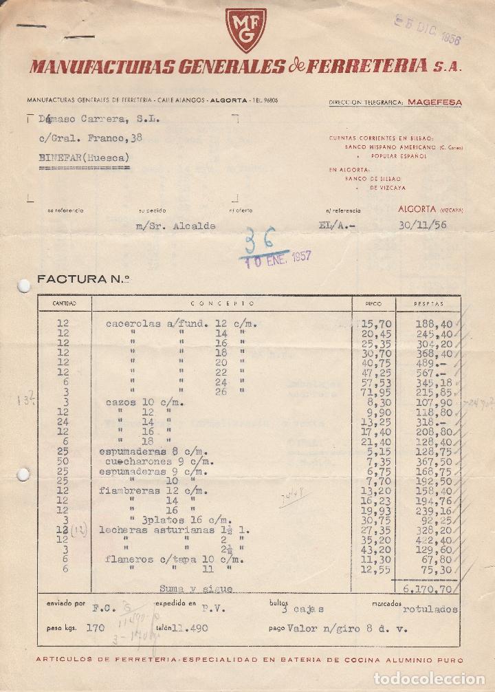 Alte Rechnungen: FACTURA. MANUFACTURAS GENERALES DE FERRETERIA S.A. ALCORTA-VIZCAYA. 1956.