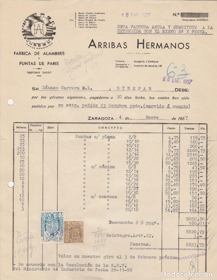 Alte Rechnungen: FACTURA.  ARRIBAS HERMANOS. F&Aacute;BRICA DE ALAMBRES Y PUNTAS DE PARIS. ZARAGOZA. 1957.