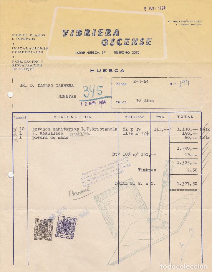 Alte Rechnungen: FACTURA. VIDRIERA OSCENSE. VIDRIOS PLANOS E IMPRESOS. HUESCA. 1964.