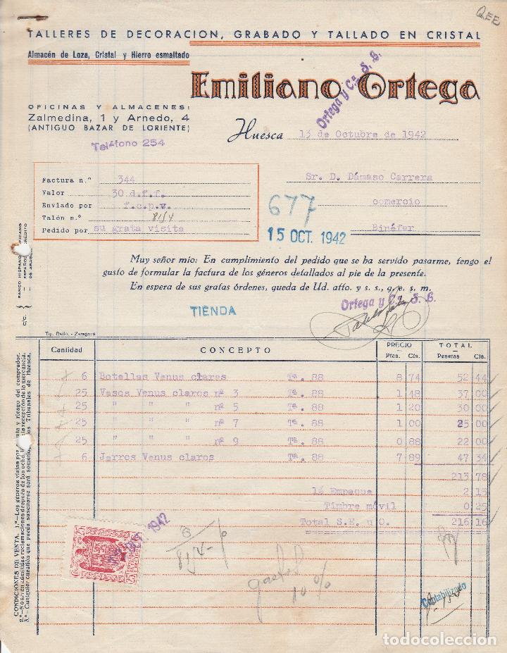 Alte Rechnungen: FACTURA. EMILIANO ORTEGA. TALLERES DE DECORACI&Oacute;N, GRABADO Y TALLADO EN CRISTAL. HUESCA. 1942.
