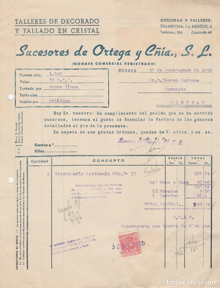 Alte Rechnungen: FACTURA. SUCESORES DE OTEGA Y C&Ntilde;IA., S.L  TALLERES DE TALLADO Y DECORADO DE CRISTAL. HUESCA. 1950.