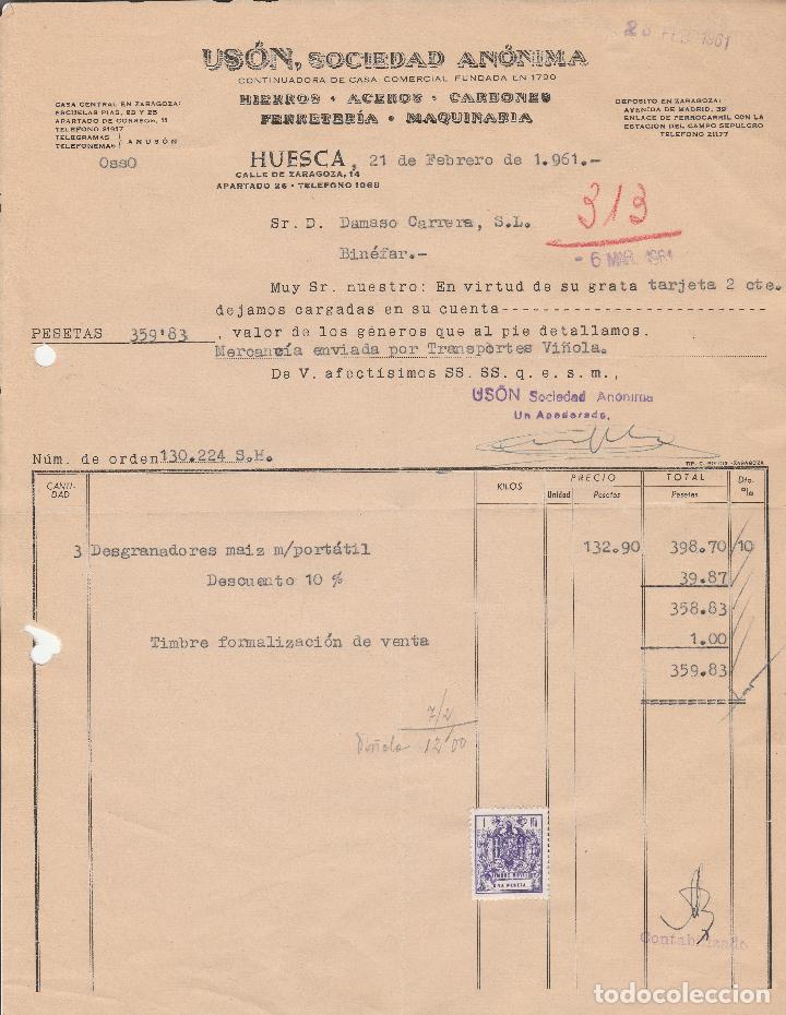 Alte Rechnungen: FACTURA. USON. SOCIEDAD ANONIMA. HIERROS-ACEROS-CARBONES-FERRETERIA. ZARAGOZA. 1961.