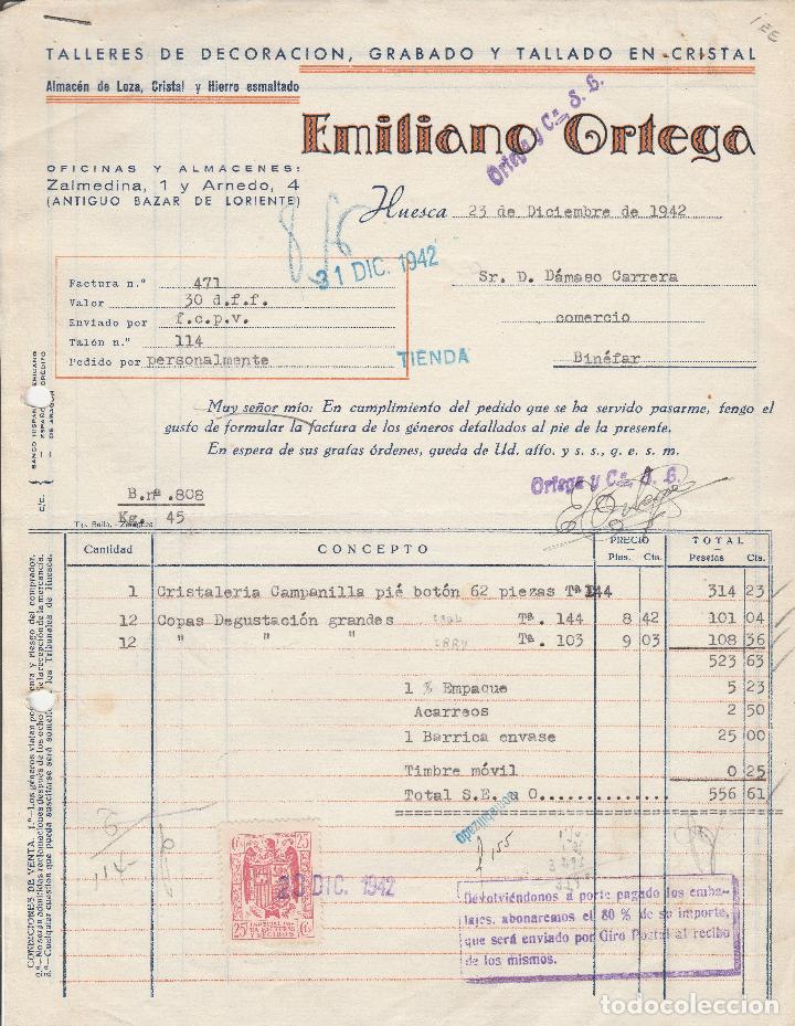 Alte Rechnungen: FACTURA. EMILIANO ORTEGA. TALLERES DE DECORACI&Oacute;N, GRABADO Y TALLADO EN CRISTAL. HUESCA. 1942.