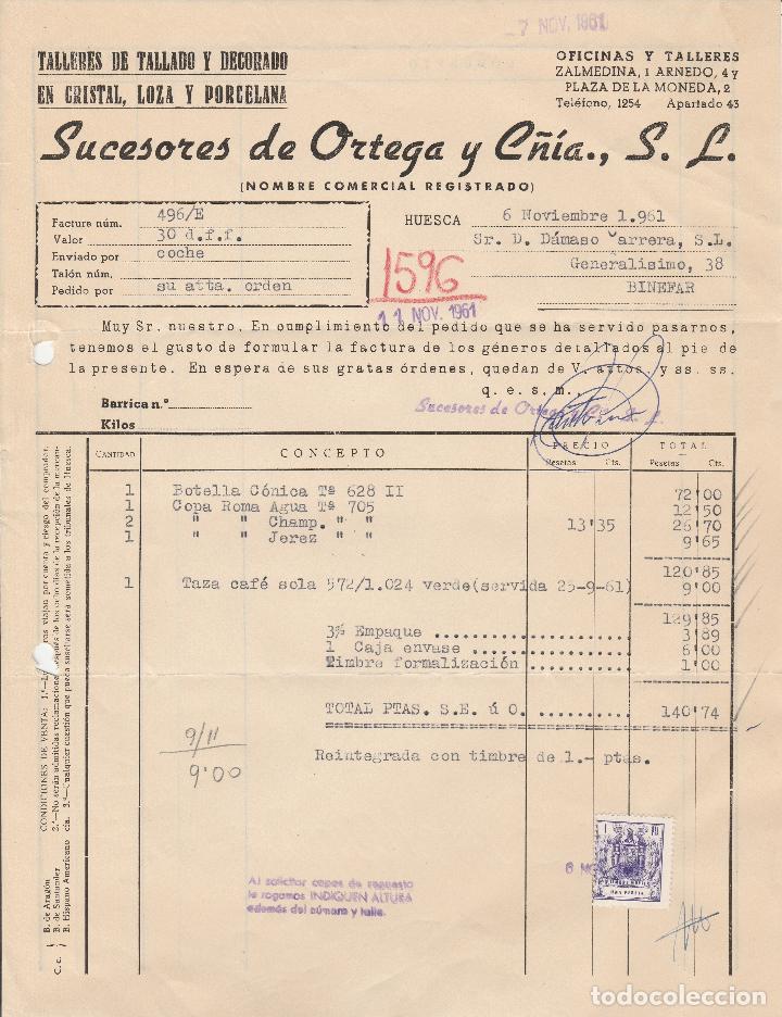 Alte Rechnungen: FACTURA. SUCESORES DE OTEGA Y C&Ntilde;IA., S.L  TALLERES DE TALLADO Y DECORADO DE CRISTAL. HUESCA. 1961.