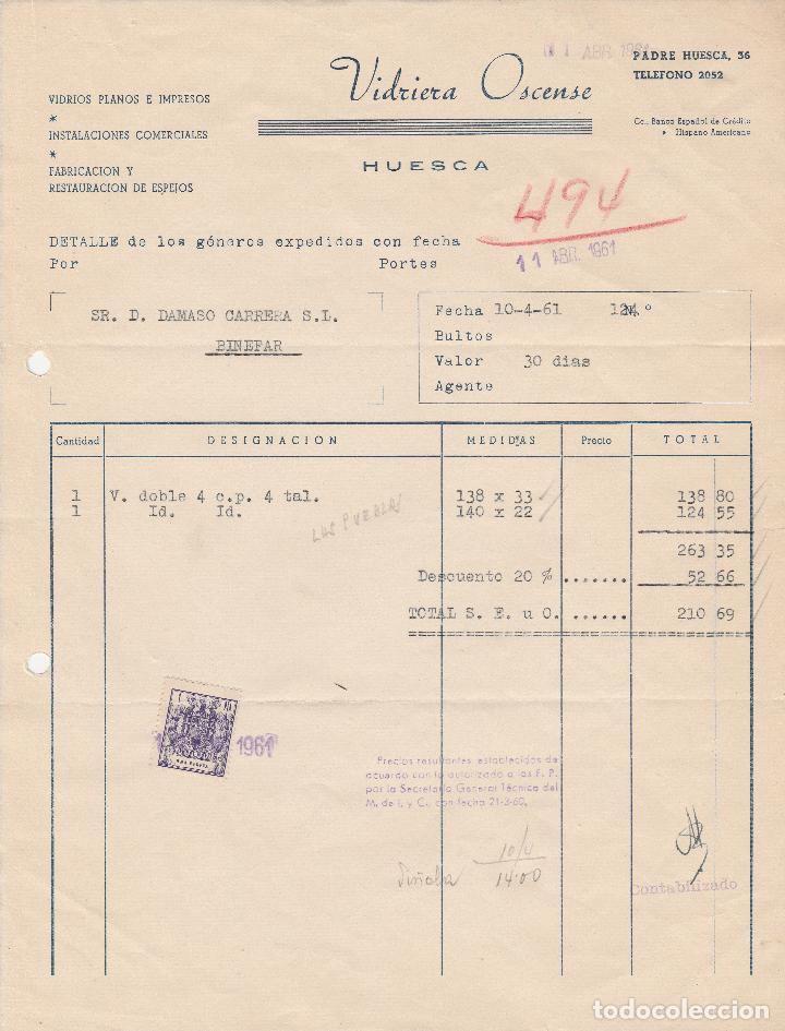 Alte Rechnungen: FACTURA. VIDRIERA OSCENSE. VIDRIOS PLANOS E IMPRESOS. HUESCA. 1961.