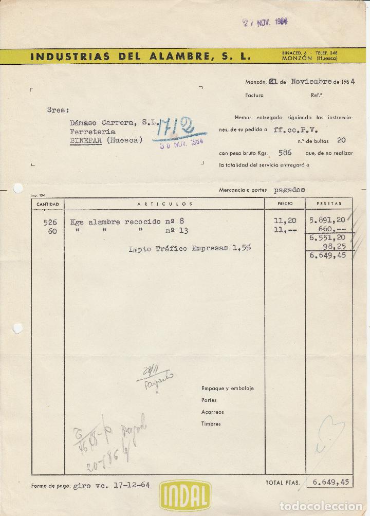 Alte Rechnungen: FACTURA. INDUSTRIAS DEL ALAMBRE, S.L. TELAS MET&Aacute;LICAS. ENREJADOS. MONZON-HUESCA. 1964.