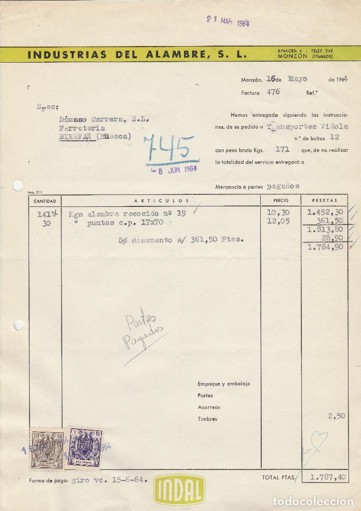 Alte Rechnungen: FACTURA. INDUSTRIAS DEL ALAMBRE, S.L. TELAS MET&Aacute;LICAS. ENREJADOS. MONZON-HUESCA. 1964.