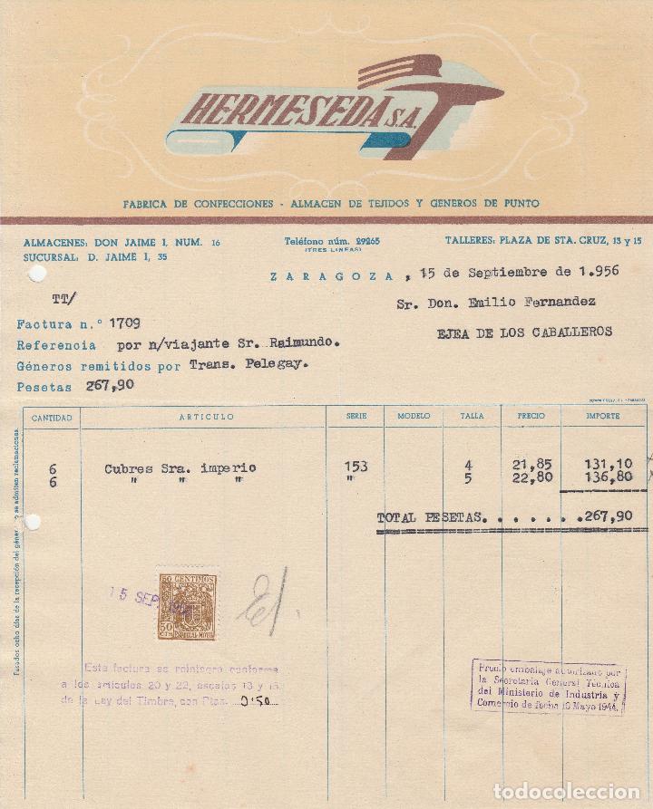 Alte Rechnungen: FACTURA. HERMESEDA S.A. F&Aacute;BRICA DE CONFECCIONES. ALMAC&Eacute;N DE TEJIDOS. ZARAGOZA. 1956