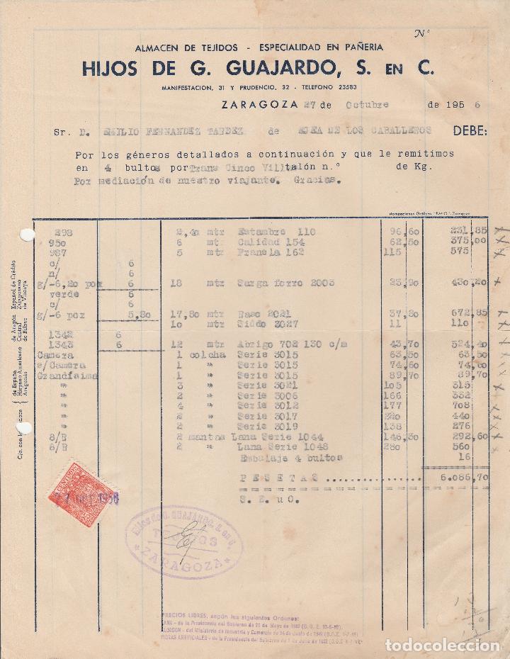 Alte Rechnungen: FACTURA. HIJOS DE G. GUAJARDO, S. EN C. ALMAC&Eacute;N DE TEJIDOS. ZARAGOZA. 1956.