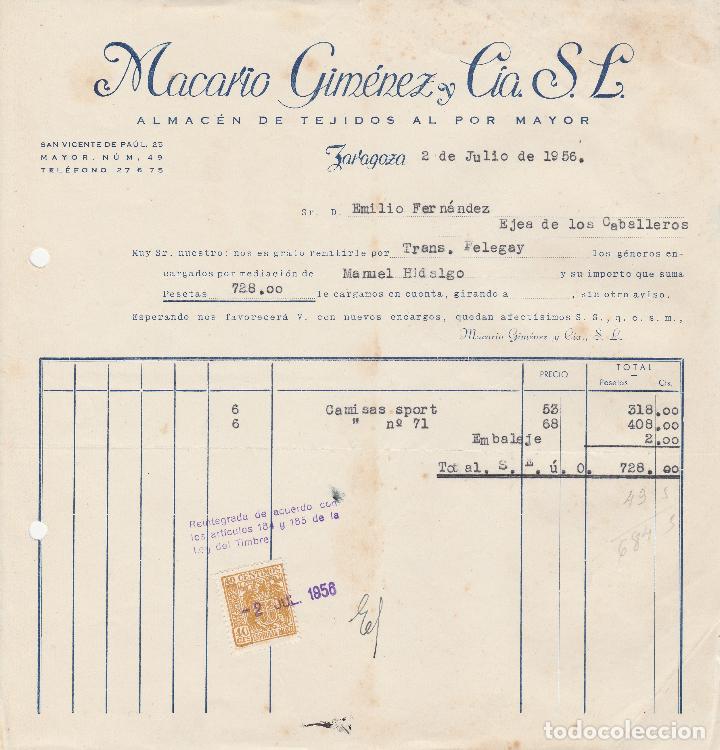Alte Rechnungen: FACTURA. MACARIO GIMENEZ Y CIA S.L. ALMAC&Eacute;N DE TEJIDOS AL POR MAYOR. ZARAGOZA. 1956.