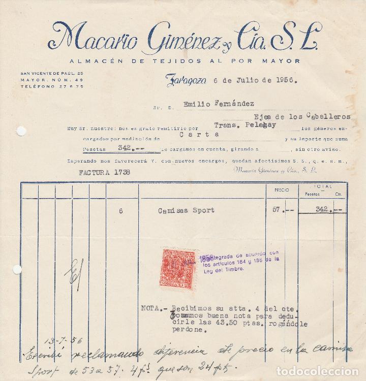 Alte Rechnungen: FACTURA. MACARIO GIMENEZ Y CIA S.L. ALMAC&Eacute;N DE TEJIDOS AL POR MAYOR. ZARAGOZA. 1956.