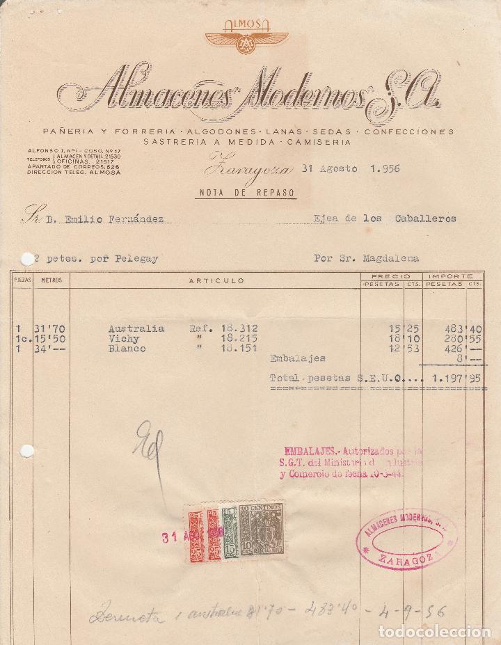 Alte Rechnungen: FACTURA. ALMACENES MODERNOS S.A. PA&Ntilde;ERIA Y FORRERIA. SASTRERIA A MEDIDA. CAMISERIA. ZARAGOZA. 1956.