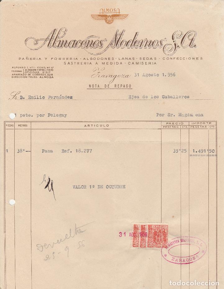 Alte Rechnungen: FACTURA. ALMACENES MODERNOS S.A. PA&Ntilde;ERIA Y FORRERIA. SASTRERIA A MEDIDA. CAMISERIA. ZARAGOZA. 1956.
