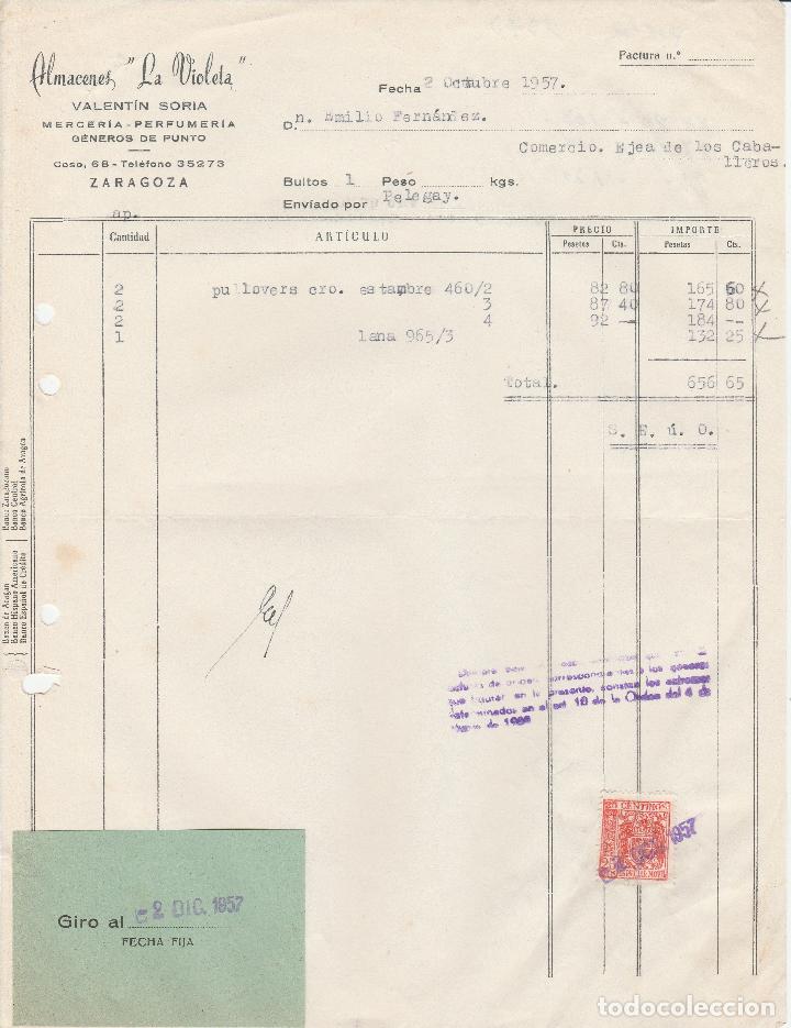Alte Rechnungen: FACTURA. ALMACENES LA VIOLETA. MERCER&Iacute;A - PERFUMER&Iacute;A, G&Eacute;NEROS DE PUNTO. ZARAGOZA. 1957.