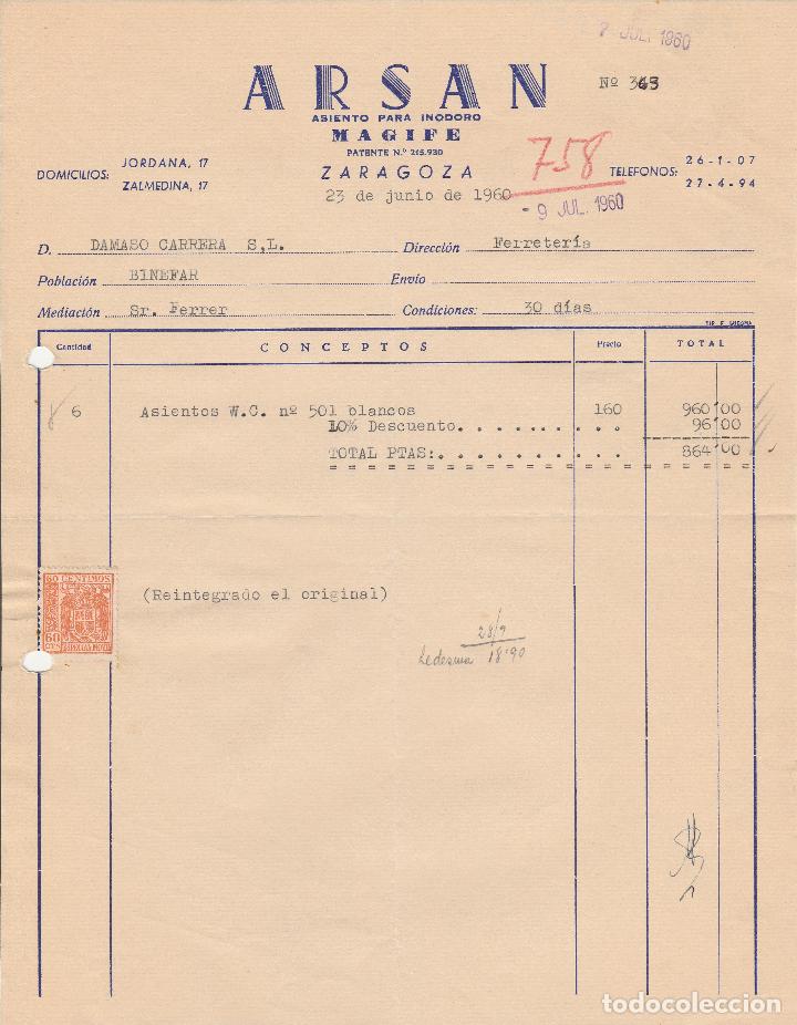 Alte Rechnungen: FACTURA. ARSAN. ASIENTOS PARA INODORO. ZARAGOZA. 1960.