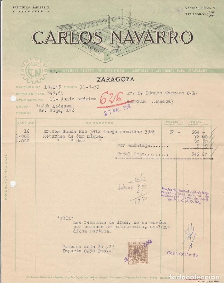 Alte Rechnungen: FACTURA. CARLOS NAVARRO. ARTICULOS SANITARIO Y FERRETERIA. ZARAGOZA. 1959.