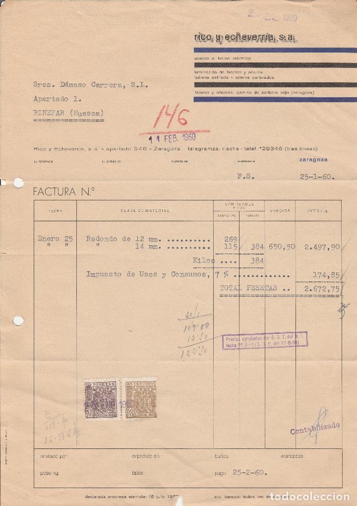 Alte Rechnungen: FACTURA. RICO Y ECHEVERRIA, S.A. ACEROS AL HORNO EL&Eacute;CTRICO. ZARAGOZA. 1960.