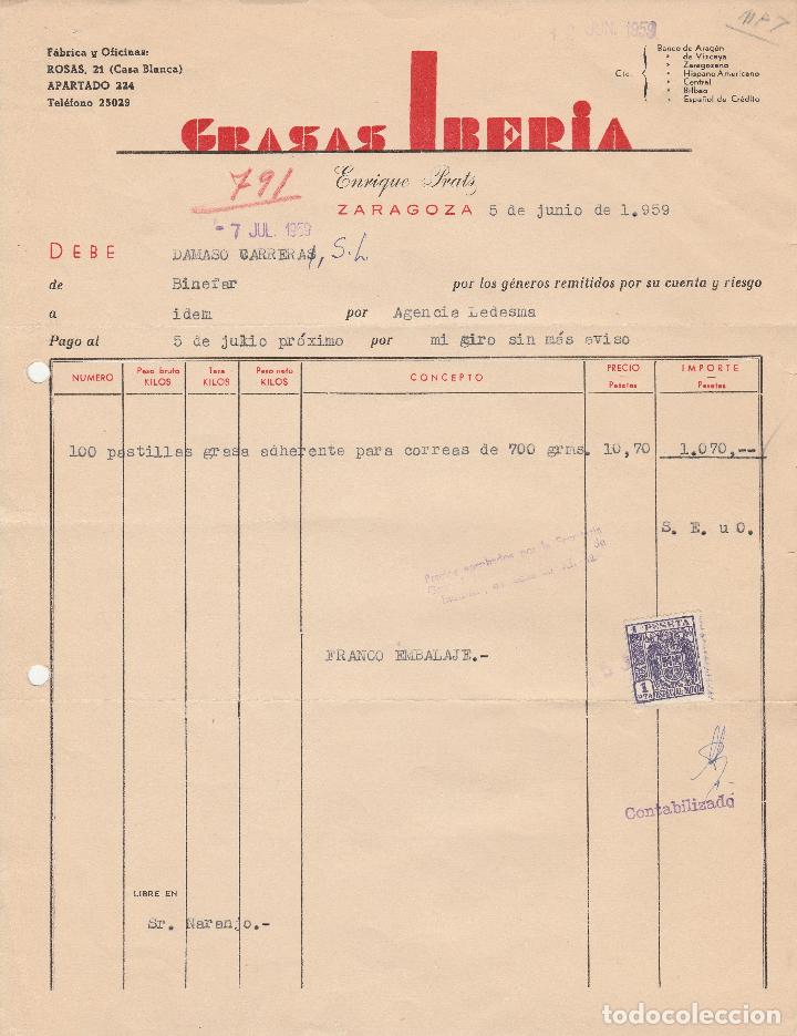 Alte Rechnungen: FACTURA. GRASAS IBERIA. ZARAGOZA. 1959.