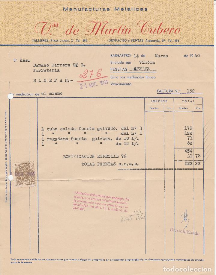 Alte Rechnungen: FACTURA. VDA. DE MART&Iacute;N CUBERO. MANUFACTURAS MET&Aacute;LICAS. BARBASTRO. 1960.