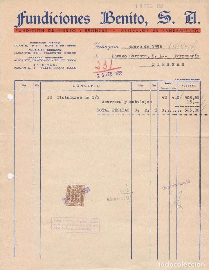 Alte Rechnungen: FACTURA. FUNDICIONES BENITO, S.A. FUNDICI&Oacute;N DE HIERRO Y BRONCE. ZARAGOZA. 1958.