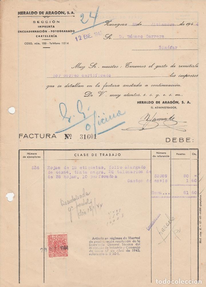 Alte Rechnungen: FACTURA. HERALDO DE ARAG&Oacute;N S.A. IMPRENTA, ENCUADERNACI&Oacute;N, FOTOGRABADO. ZARAGOZA. 1944.
