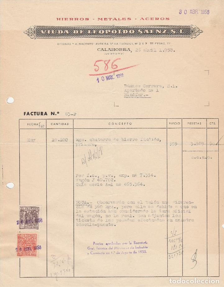 Alte Rechnungen: FACTURA. VIUDA DE LEOPOLDO SAENZ S.L. HIERROS - METALES - ACEROS. CALAHORRA-LOGRO&Ntilde;O. 1958.