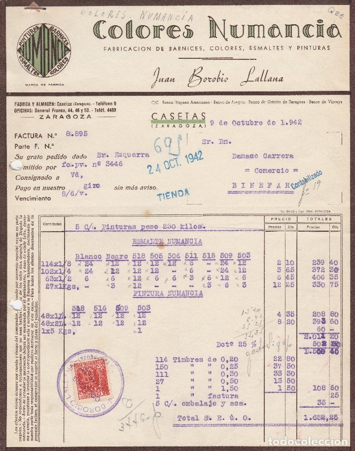 Alte Rechnungen: FACTURA. COLORES NUMANCIA. FABRICACI&Oacute;N DE BARNICES, COLORES,ESMALTES . CASETAS-ZARAGOZA. 1942.
