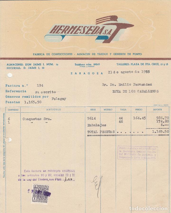 Alte Rechnungen: FACTURA. HERMESEDA S.A. F&Aacute;BRICA DE CONFECCIONES. ALMAC&Eacute;N DE TEJIDOS. ZARAGOZA. 1955.