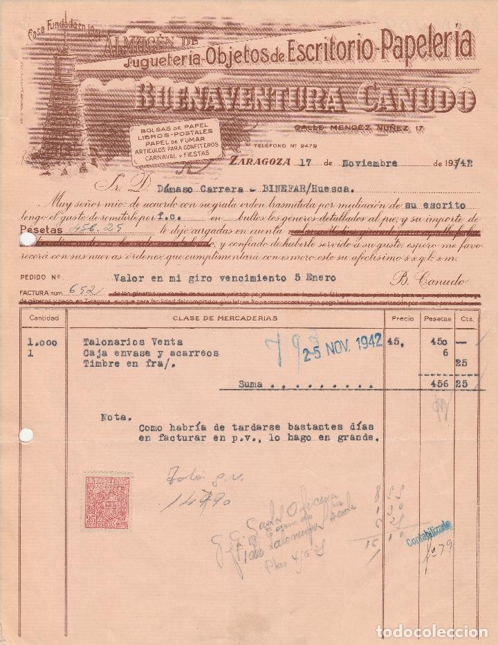 Alte Rechnungen: FACTURA. BUENAVENTURA CANUDO. JUGUETERIA-OBJETOS DE ESCRITORIO-PAPELER&Iacute;A. ZARAGOZA. 1942.
