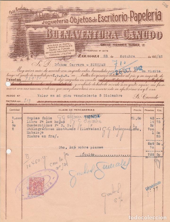 Alte Rechnungen: FACTURA. BUENAVENTURA CANUDO. JUGUETERIA-OBJETOS DE ESCRITORIO-PAPELER&Iacute;A. ZARAGOZA. 1942.