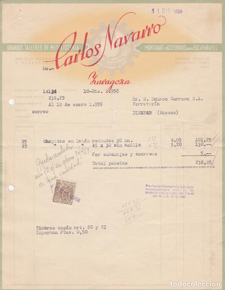 Alte Rechnungen: FACTURA. CARLOS NAVARRO. MONTURAS Y ACCESORIOS PARA ESCAPARATES. ZARAGOZA. 1958.