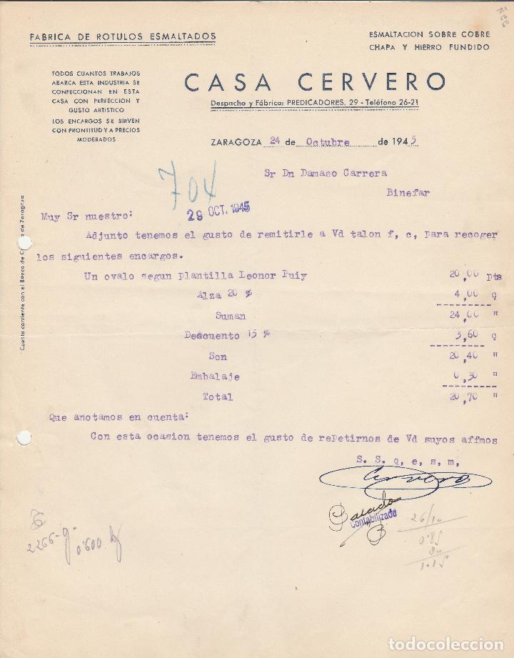 Alte Rechnungen: FACTURA. CASA CERVERO. F&Aacute;BRICA DE R&Oacute;TULOS ESMALTADOS. ZARAGOZA. 1945.