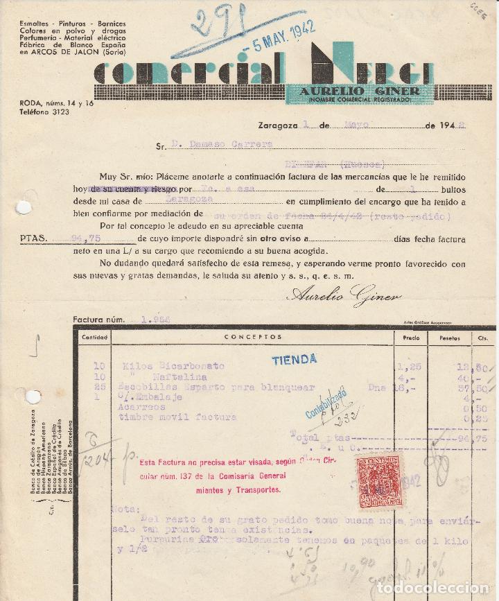 Alte Rechnungen: FACTURA. COMERCIAL NERCI. AURELIO GINER. ESMALTES, PINTURAS, BARNICES. ZARAGOZA. 1942.